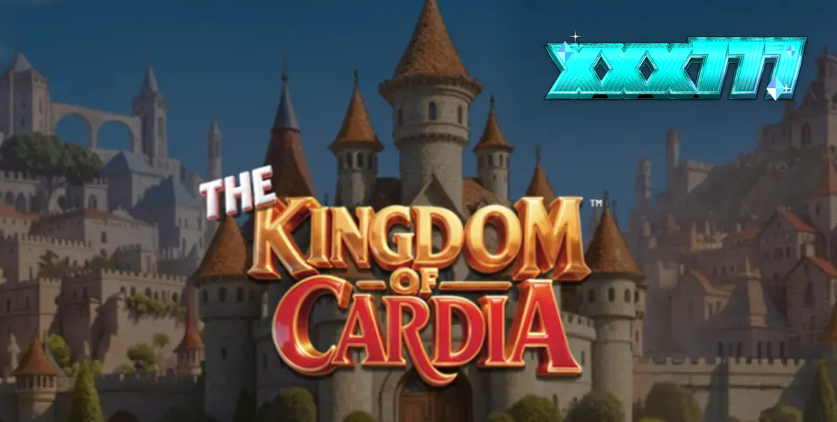 Pemandangan taman fantasi dengan simbol kartu remi dalam slot The Kingdom of Cardia